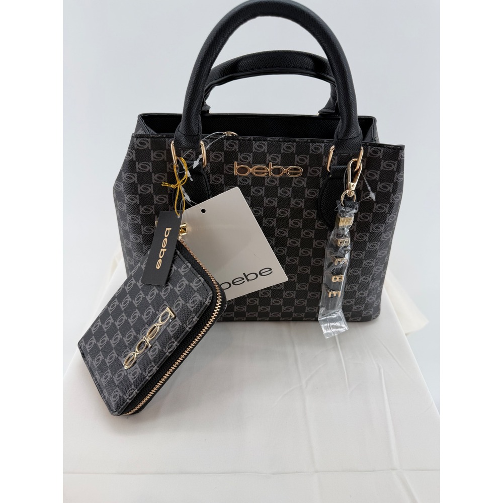 Bebe Adela Satchel Women Small Black Monogram Logo Handbag Wallet Set NWT